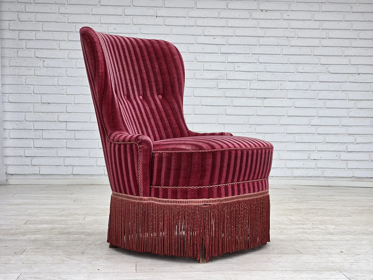 Danish armchair, striped red velour, 1960s 2