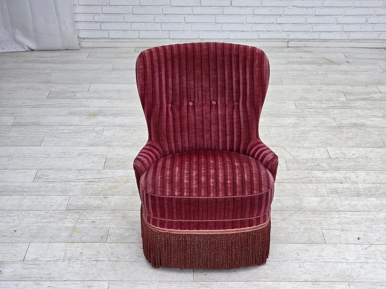 Danish armchair, striped red velour, 1960s 7