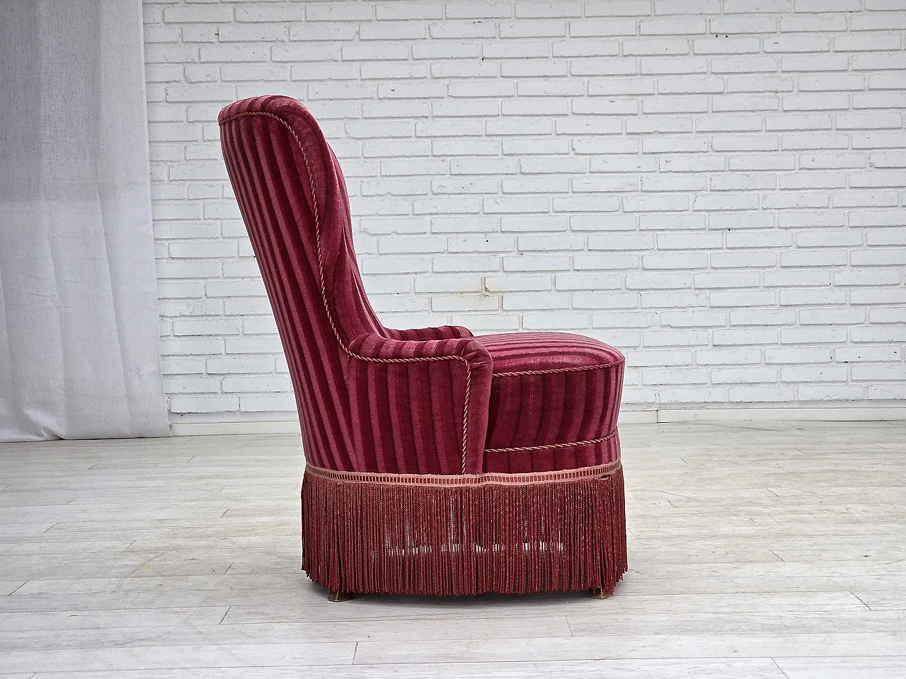 Danish armchair, striped red velour, 1960s 8