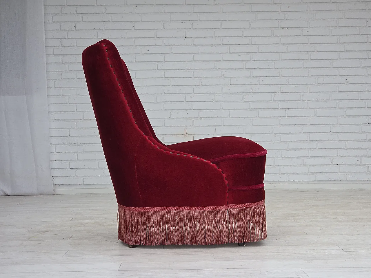 Danish armchair red velour, 1960s 8