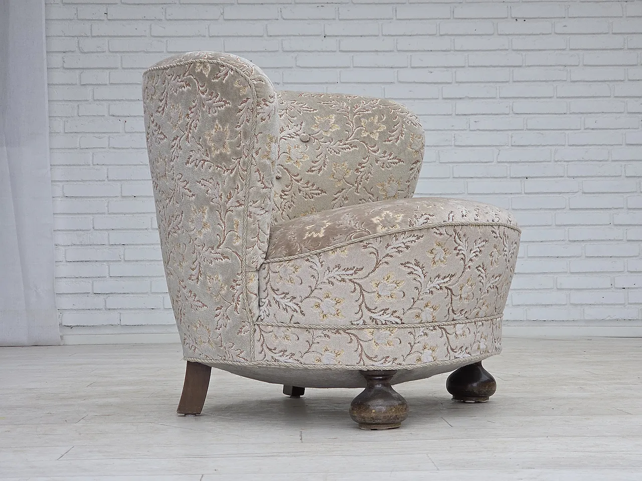 Danish curved armchair, velour, oak wood, 1970s 1