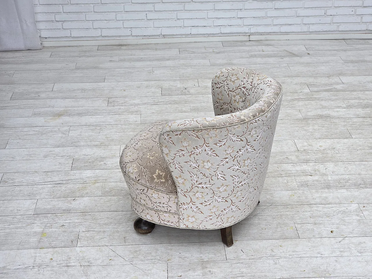 Danish curved armchair, velour, oak wood, 1970s 14