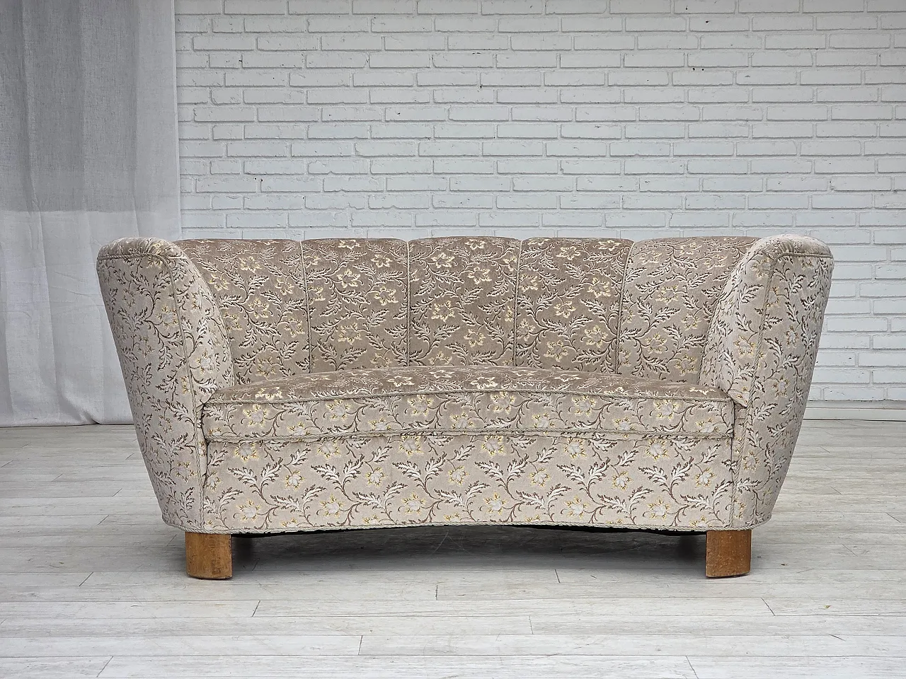 Danish 2-seater Banana sofa, velour, oak wood, 1970s 2