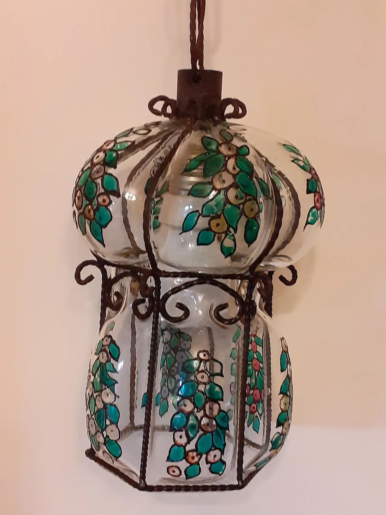 Lampadario in vetro e ferro battuto, 70s 1