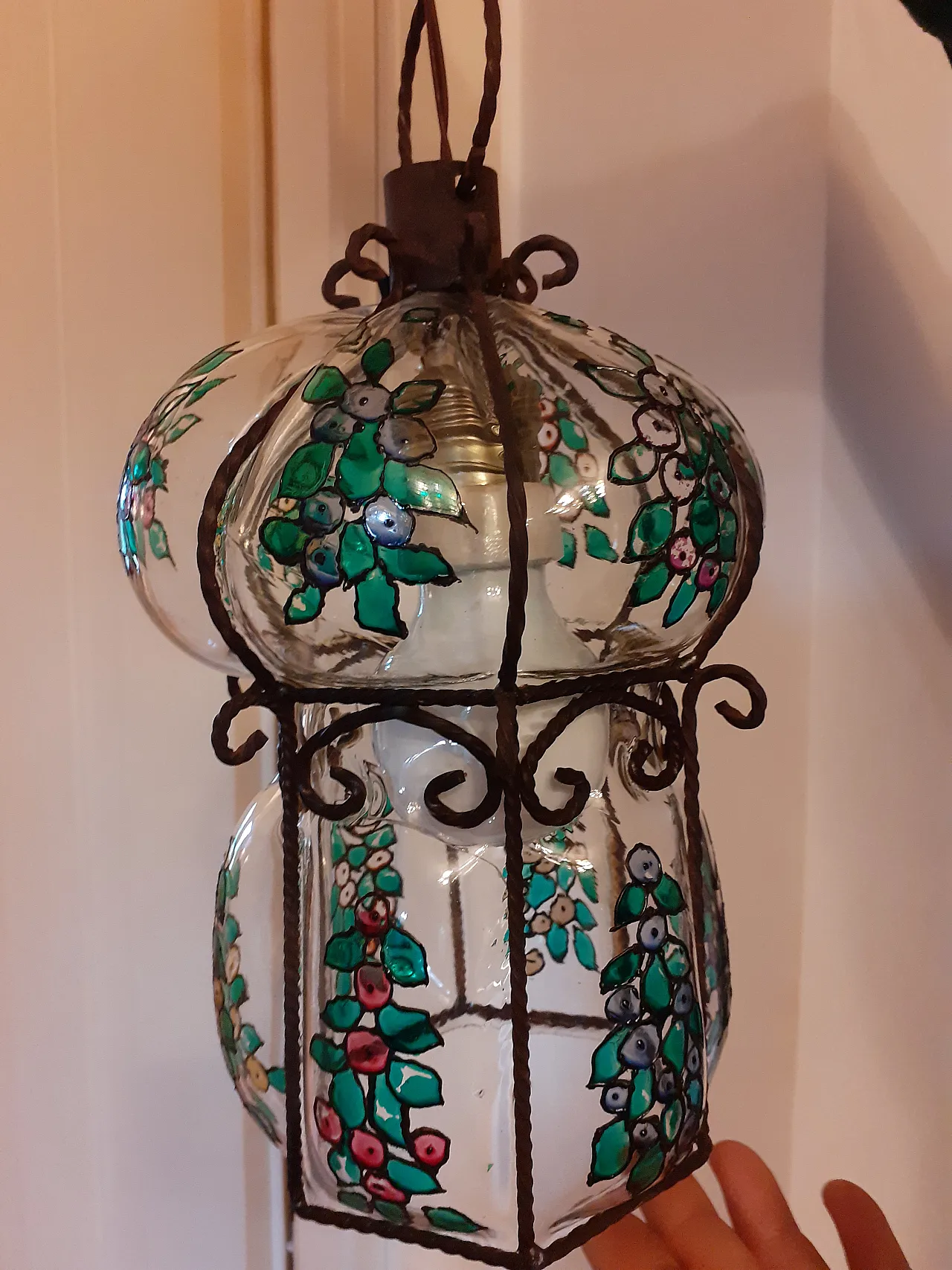 Lampadario in vetro e ferro battuto, 70s 2