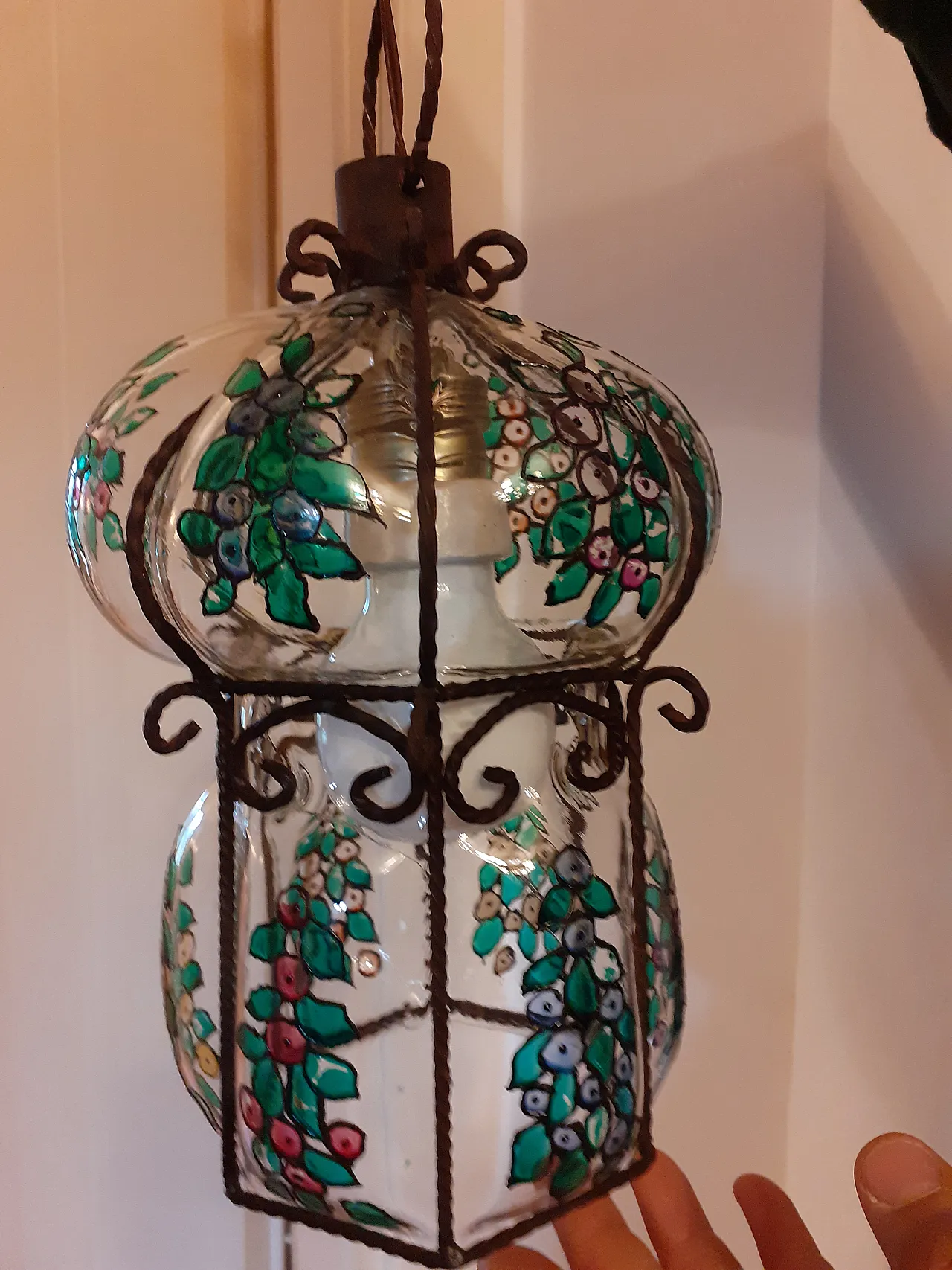 Lampadario in vetro e ferro battuto, 70s 3