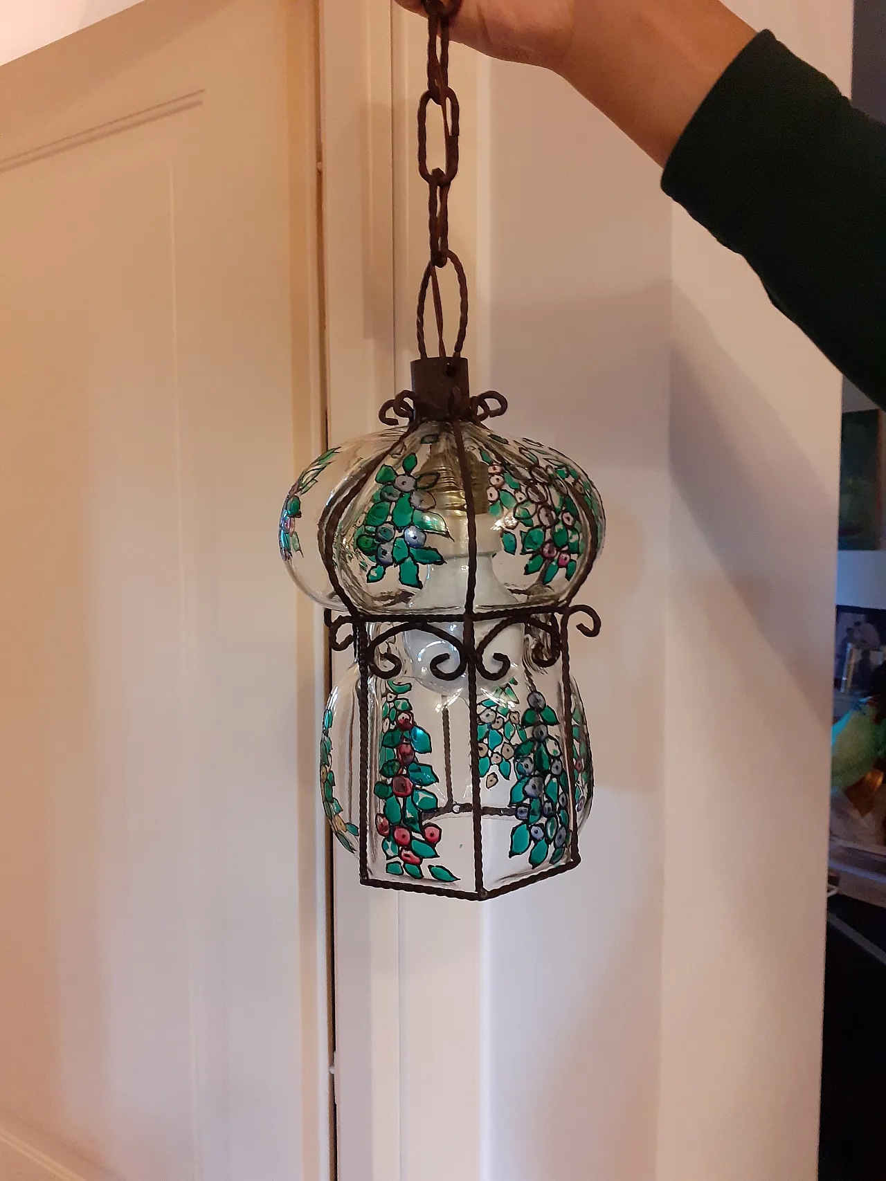 Lampadario in vetro e ferro battuto, 70s 4