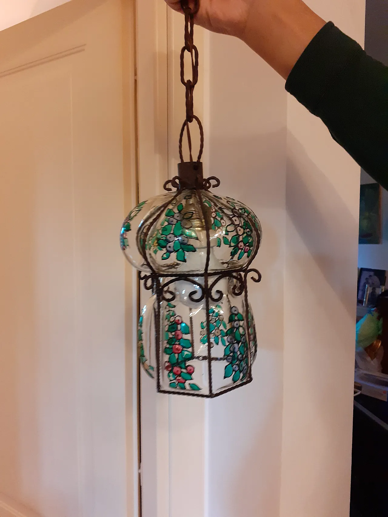 Lampadario in vetro e ferro battuto, 70s 5