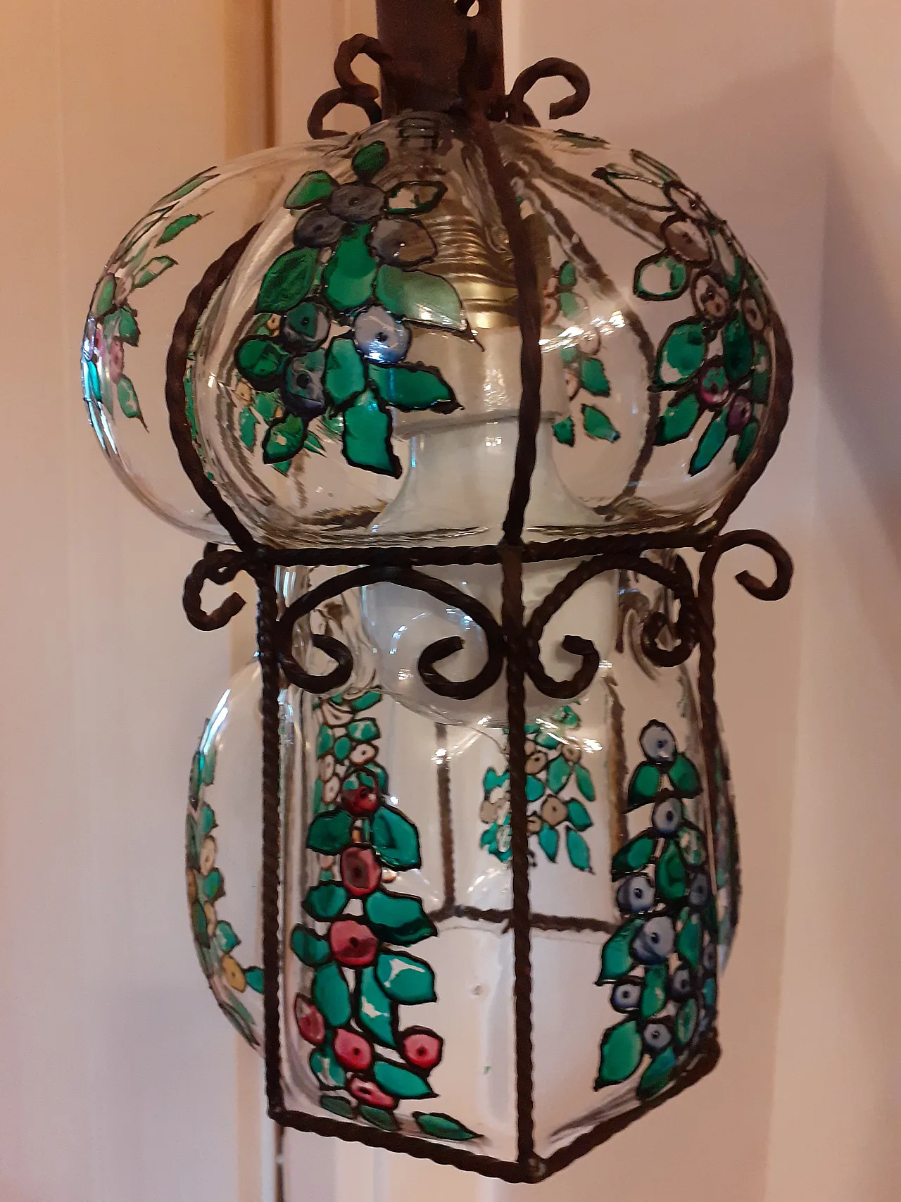 Lampadario in vetro e ferro battuto, 70s 6