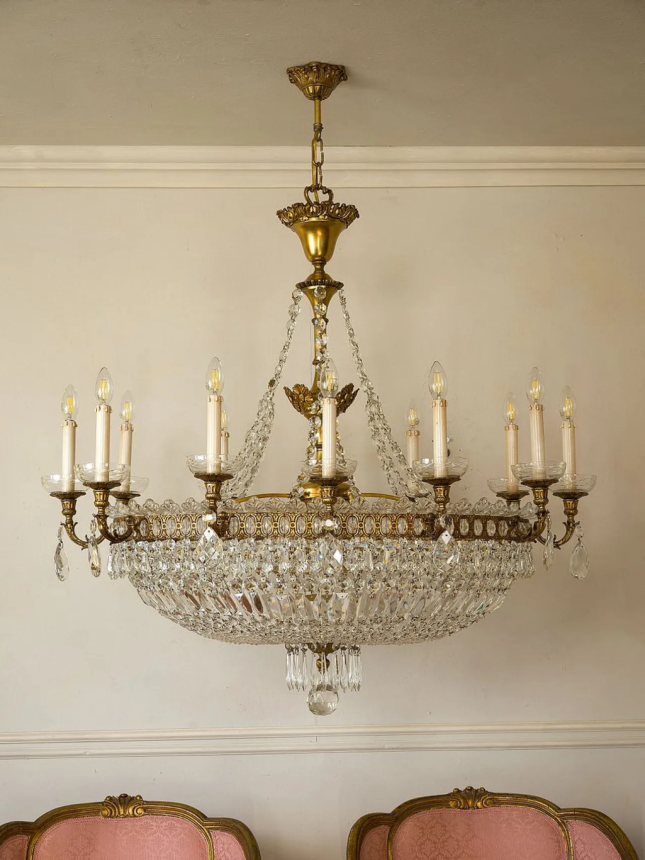 Lampadario a mongolfiera ovale in cristallo a 16 luci impero, '800 1