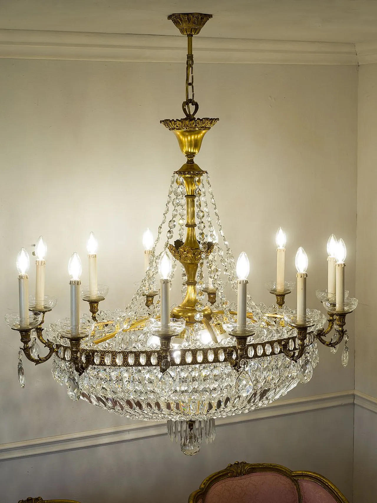 Lampadario a mongolfiera ovale in cristallo a 16 luci impero, '800 12