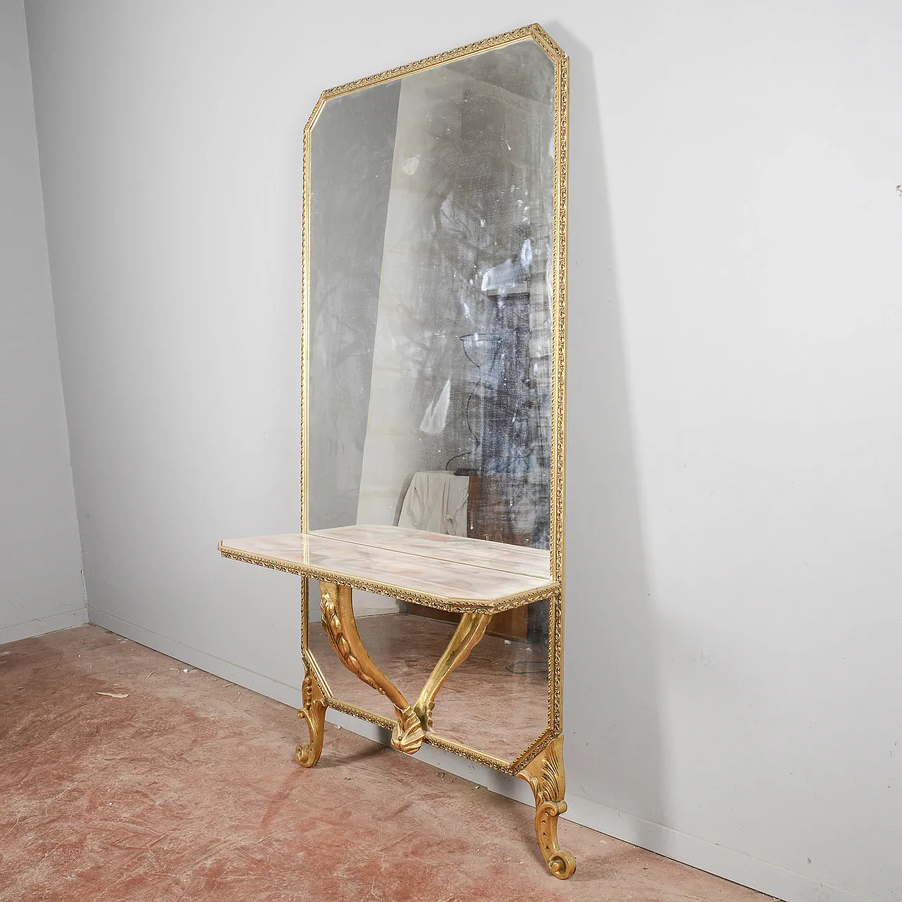 Console with mirror and floor shelf, mid-20th century 3