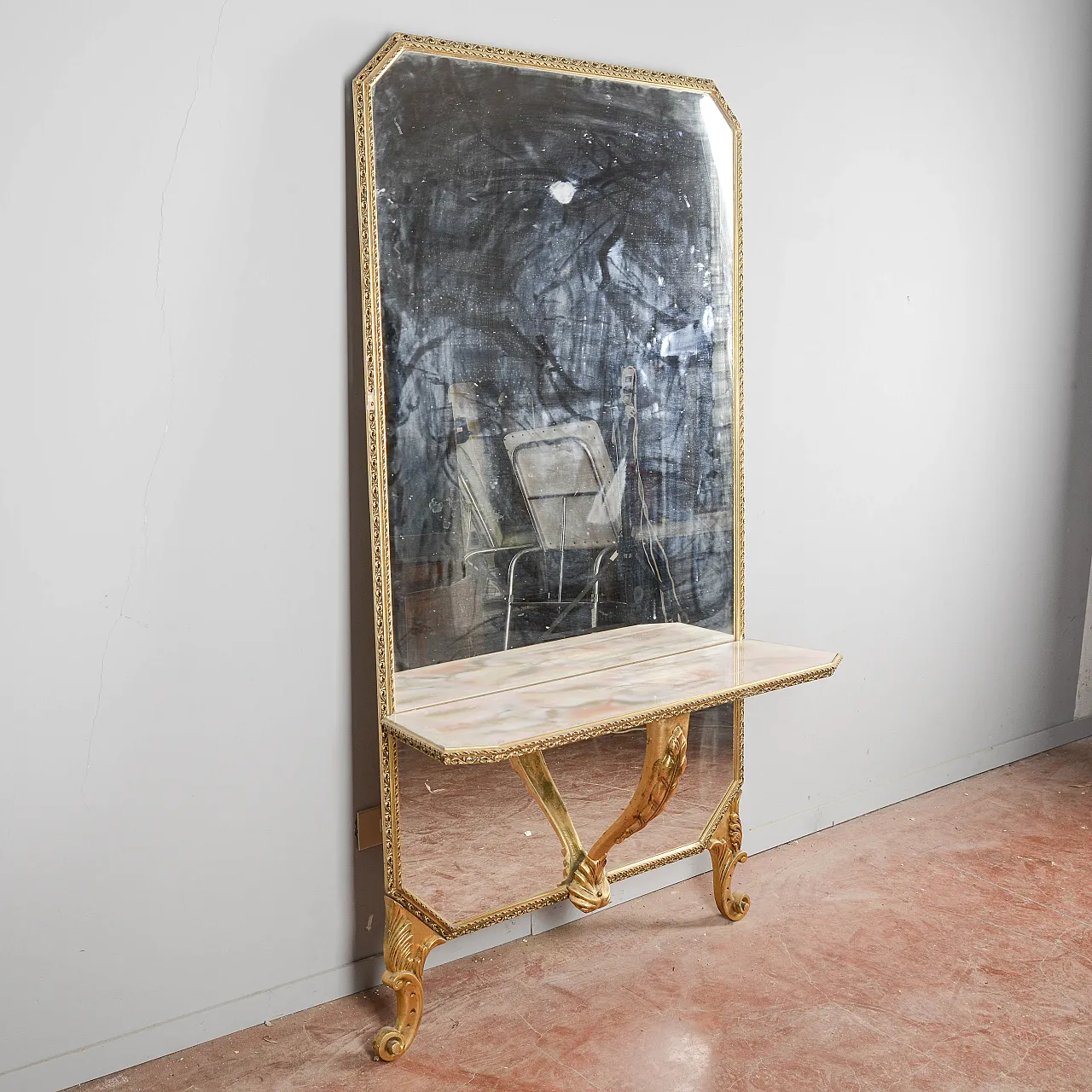 Console with mirror and floor shelf, mid-20th century 4
