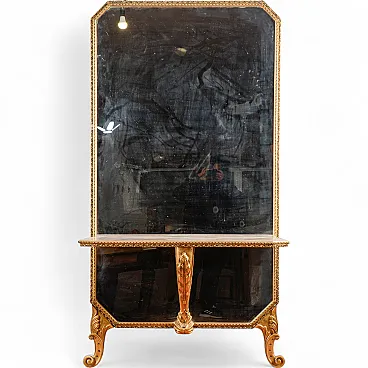 Console with mirror and floor shelf, mid-20th century