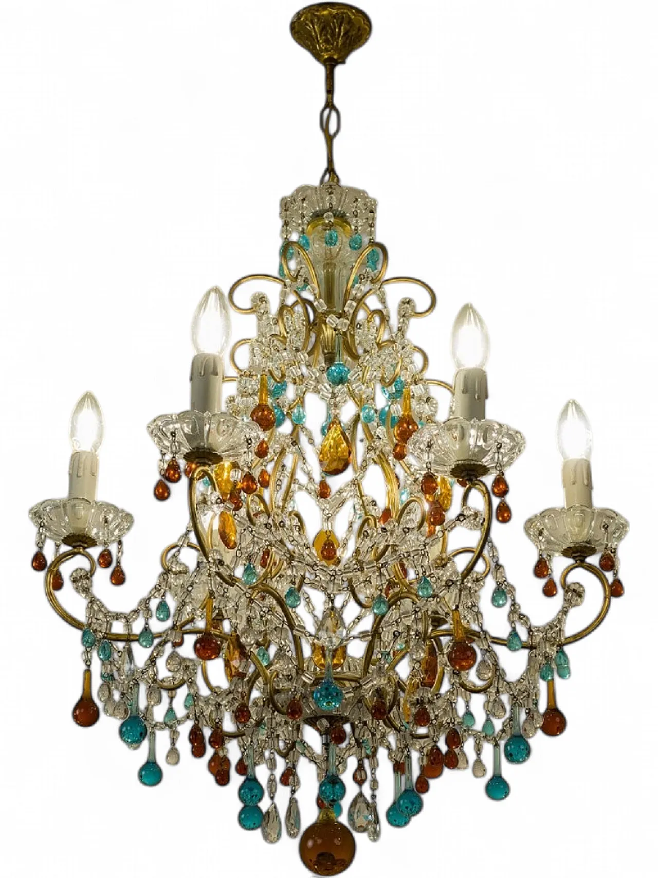 Lampadario in ferro dorato. cristallo e vetro di Murano, anni '50 14