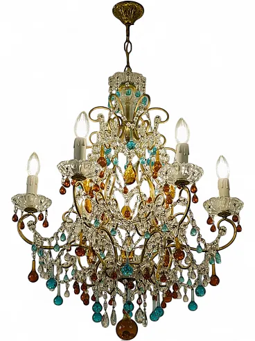 Lampadario in ferro dorato. cristallo e vetro di Murano, anni '50