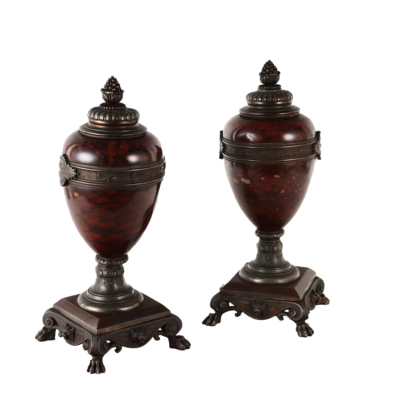 Pair of Rouge Griotte marble vases on bronze-patinated metal base, late 19th century 1