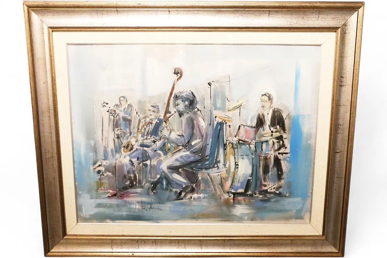Roberto Andreoli quadro olio su tela musicisti jazz concerto, anni '50 13
