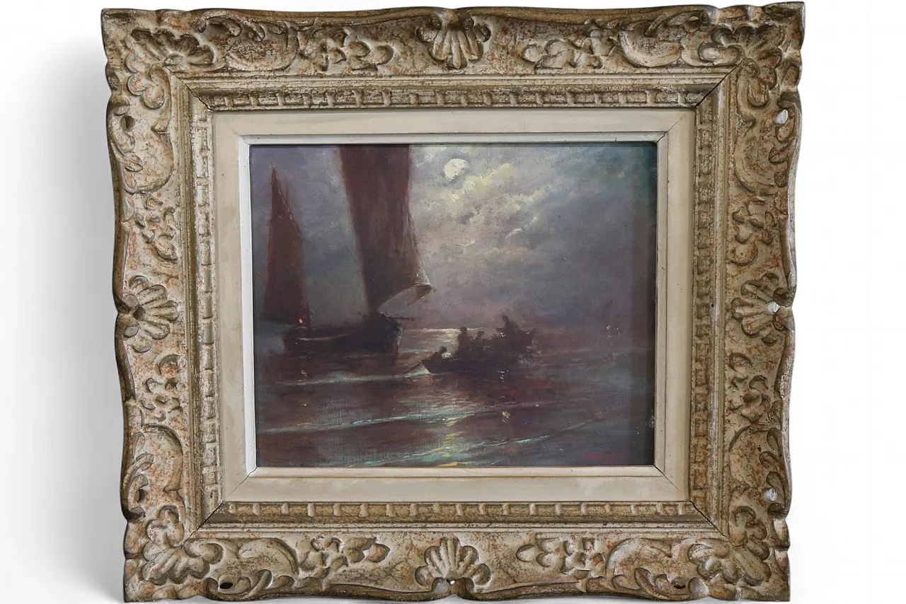 Quadro olio tela marina notturna francese datato firmato, 1963 25