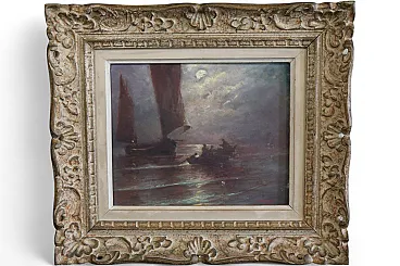 Quadro olio tela marina notturna francese datato firmato, 1963