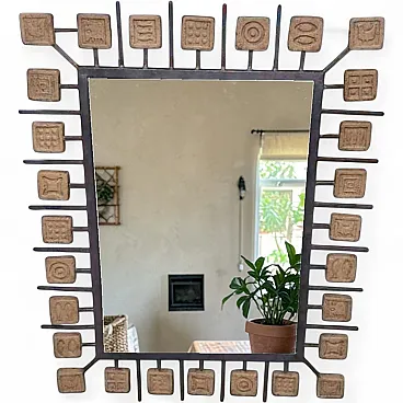 Rectangular brutalist mirror in wrought iron and terracotta, 70s