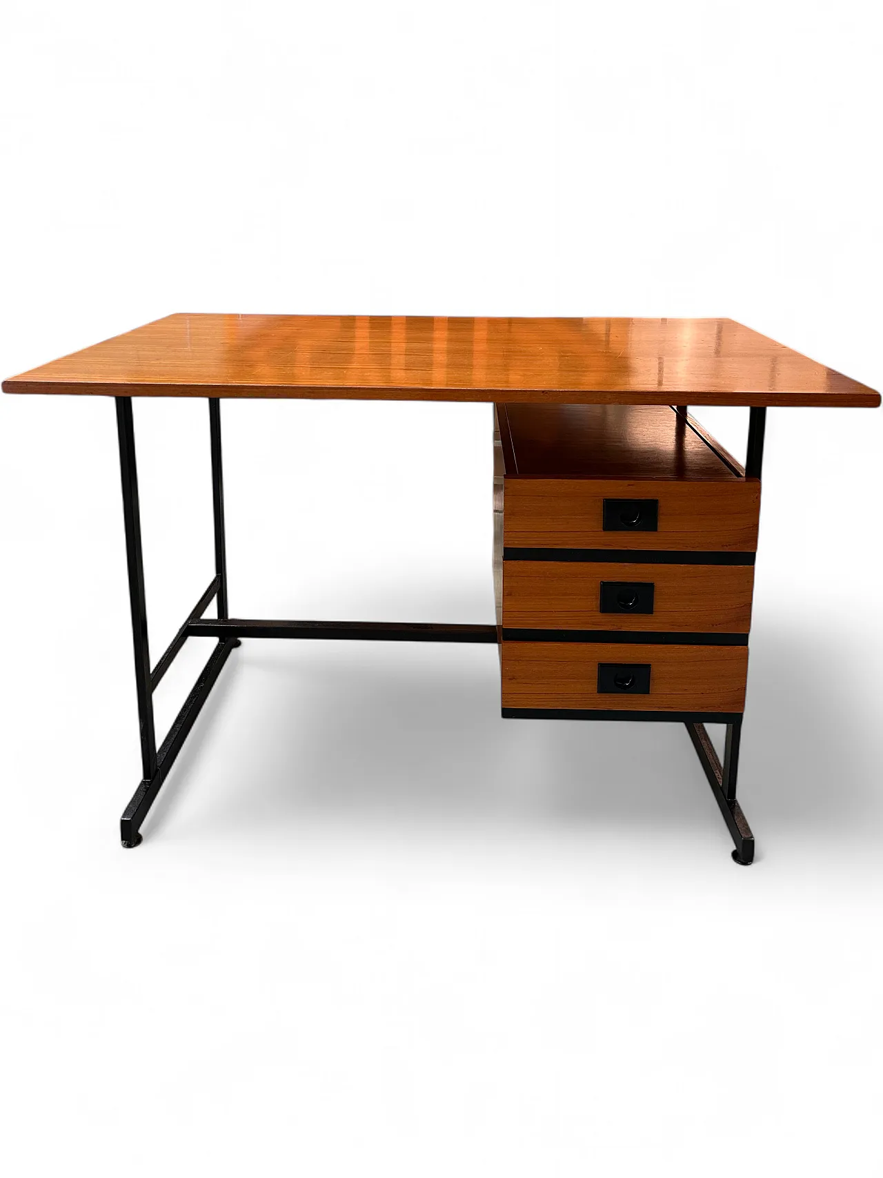 Scrivania in teak e ferro laccato nero, con cassettiera, anni’60 11