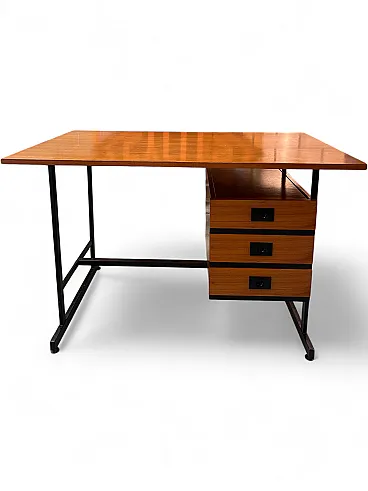Scrivania in teak e ferro laccato nero, con cassettiera, anni’60