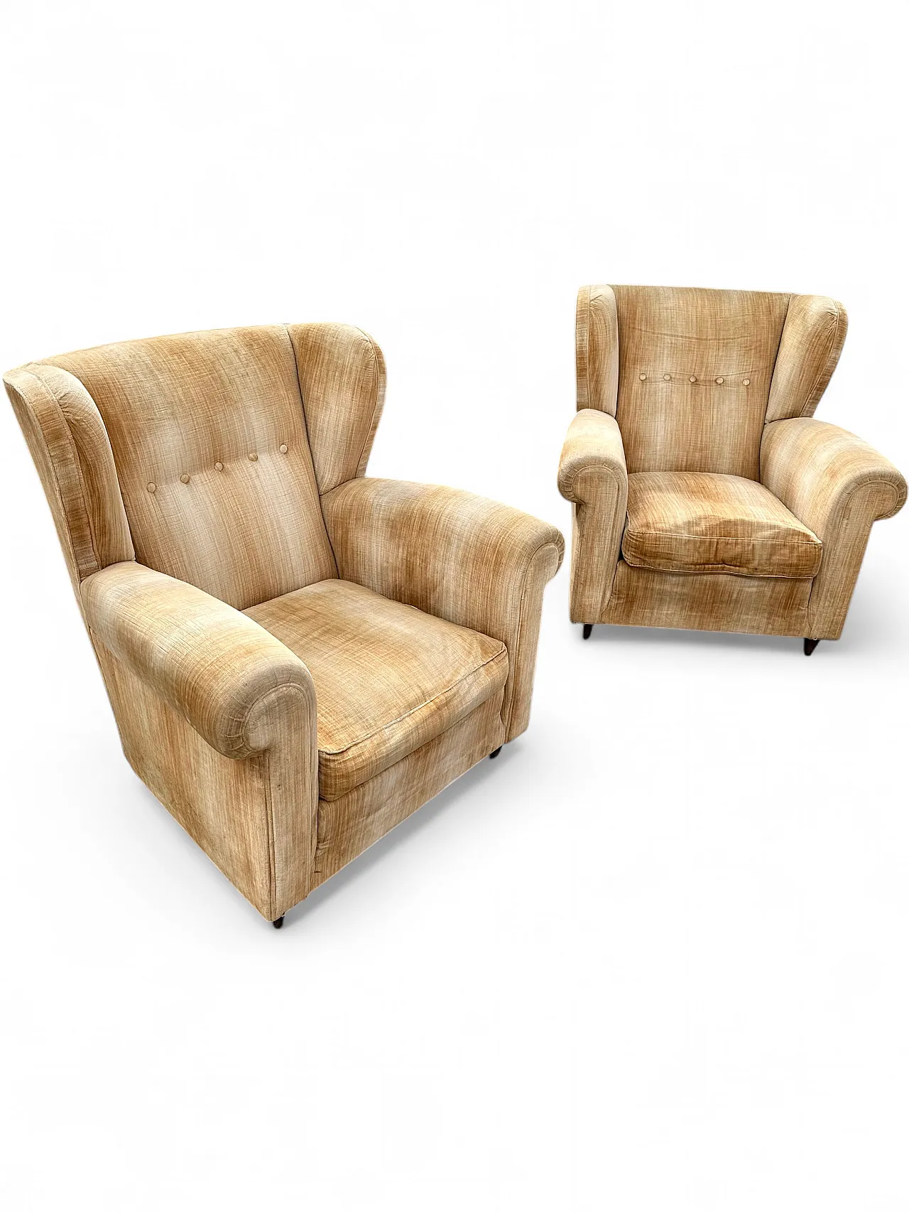 Pair of Bergère armchairs in beige velvet, conical feet, Italy, 1950s 13