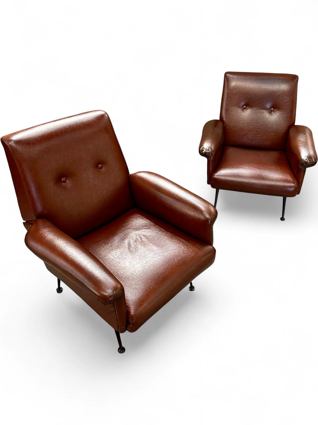 Pair of brown skai armchairs, conical metal feet, Italy, 1950s 14
