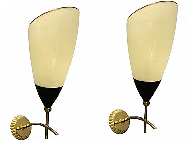 Pair of Stilnovo Style Italian Glass and Brass Wall Sconce, 1960s