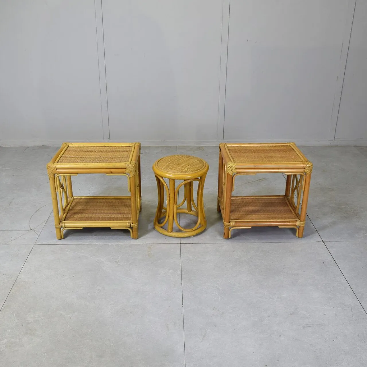 3 Nightstands and stool in bamboo and vimini, 1960s 1