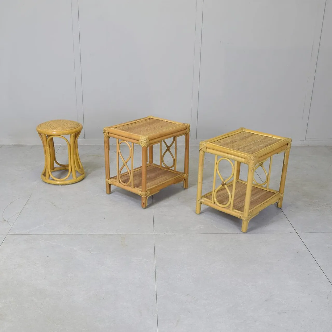 3 Nightstands and stool in bamboo and vimini, 1960s 3