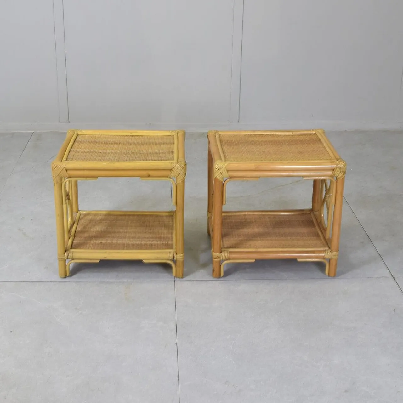 3 Nightstands and stool in bamboo and vimini, 1960s 4