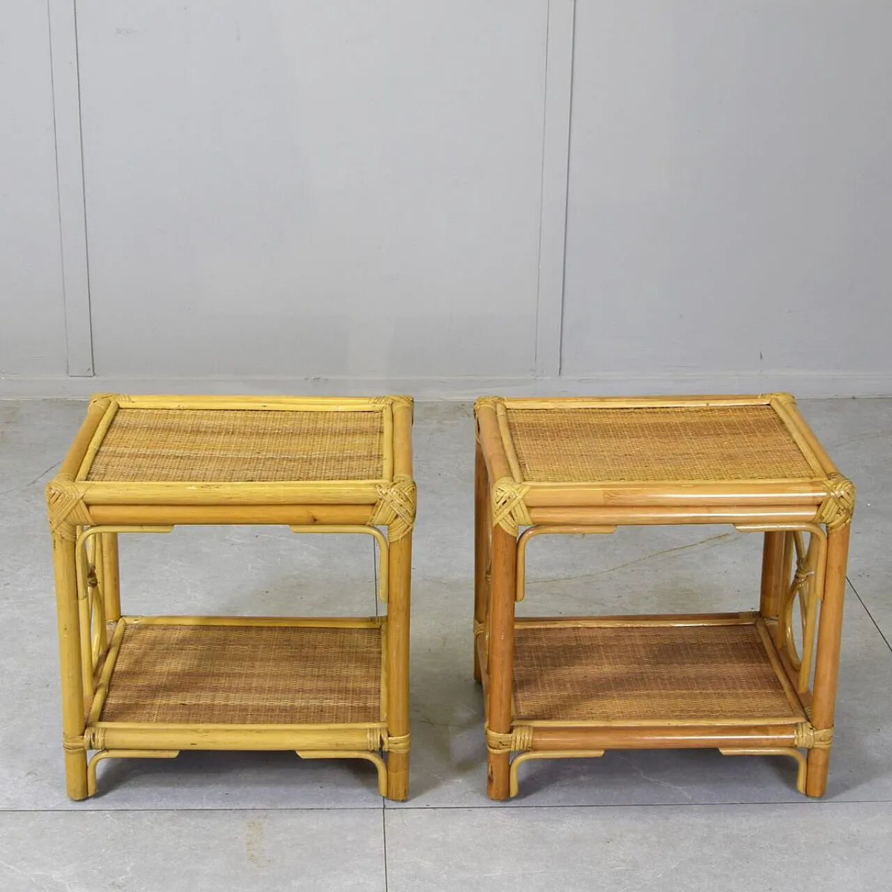 3 Nightstands and stool in bamboo and vimini, 1960s 5