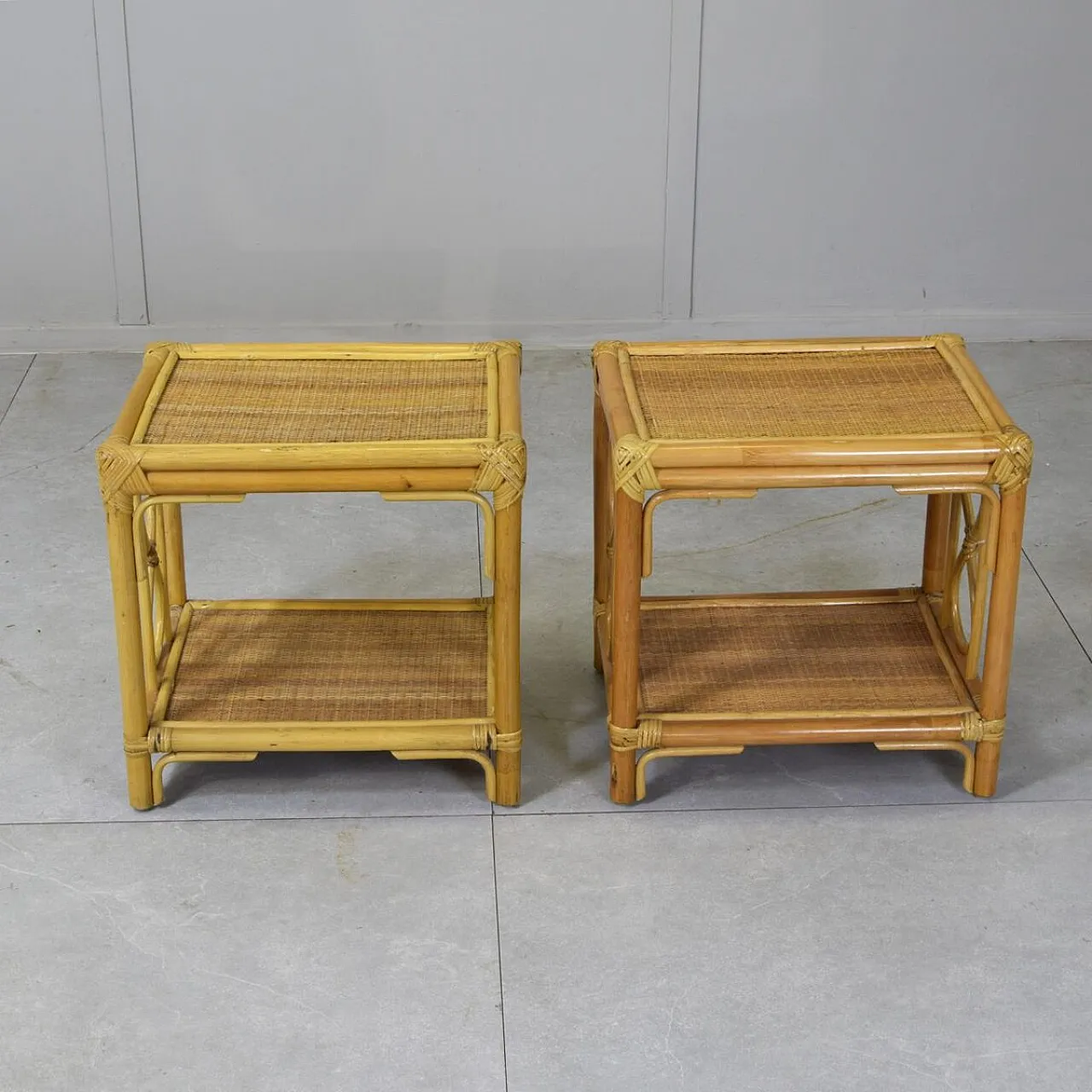 3 Nightstands and stool in bamboo and vimini, 1960s 6