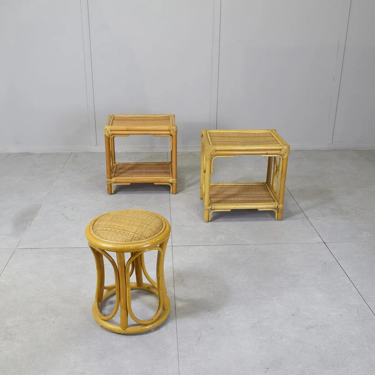 3 Nightstands and stool in bamboo and vimini, 1960s 7