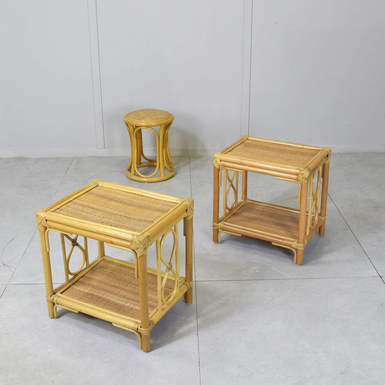 3 Nightstands and stool in bamboo and vimini, 1960s 8