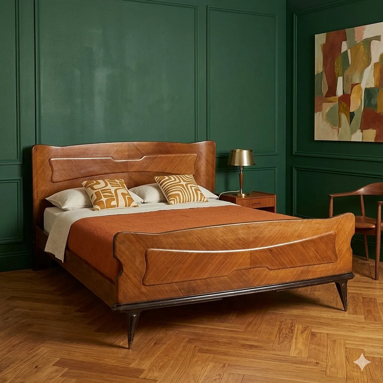 Letto matrimoniale in impiallacciatura di legno esotico, metà '900 2