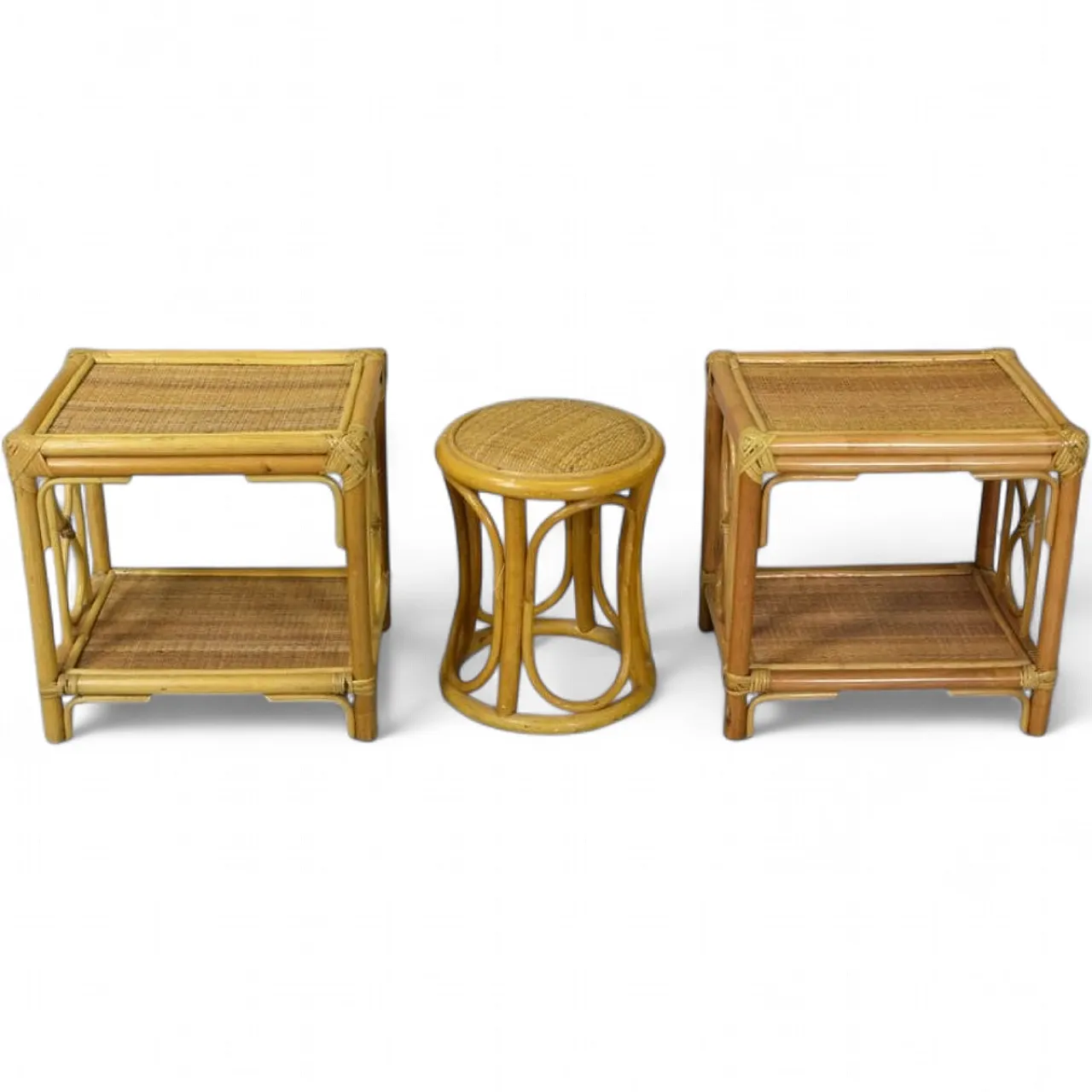 3 Nightstands and stool in bamboo and vimini, 1960s 9