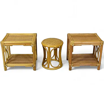 3 Nightstands and stool in bamboo and vimini, 1960s