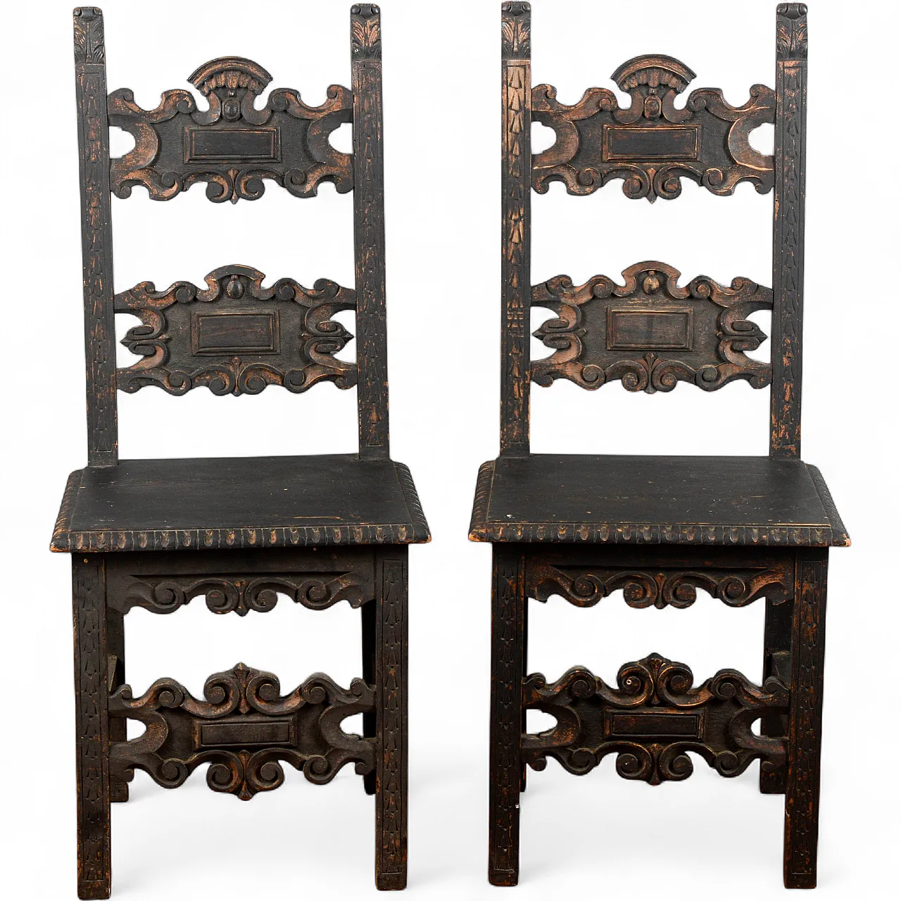 Pair of carved ebony neo-Renaissance chairs, 20th century 8