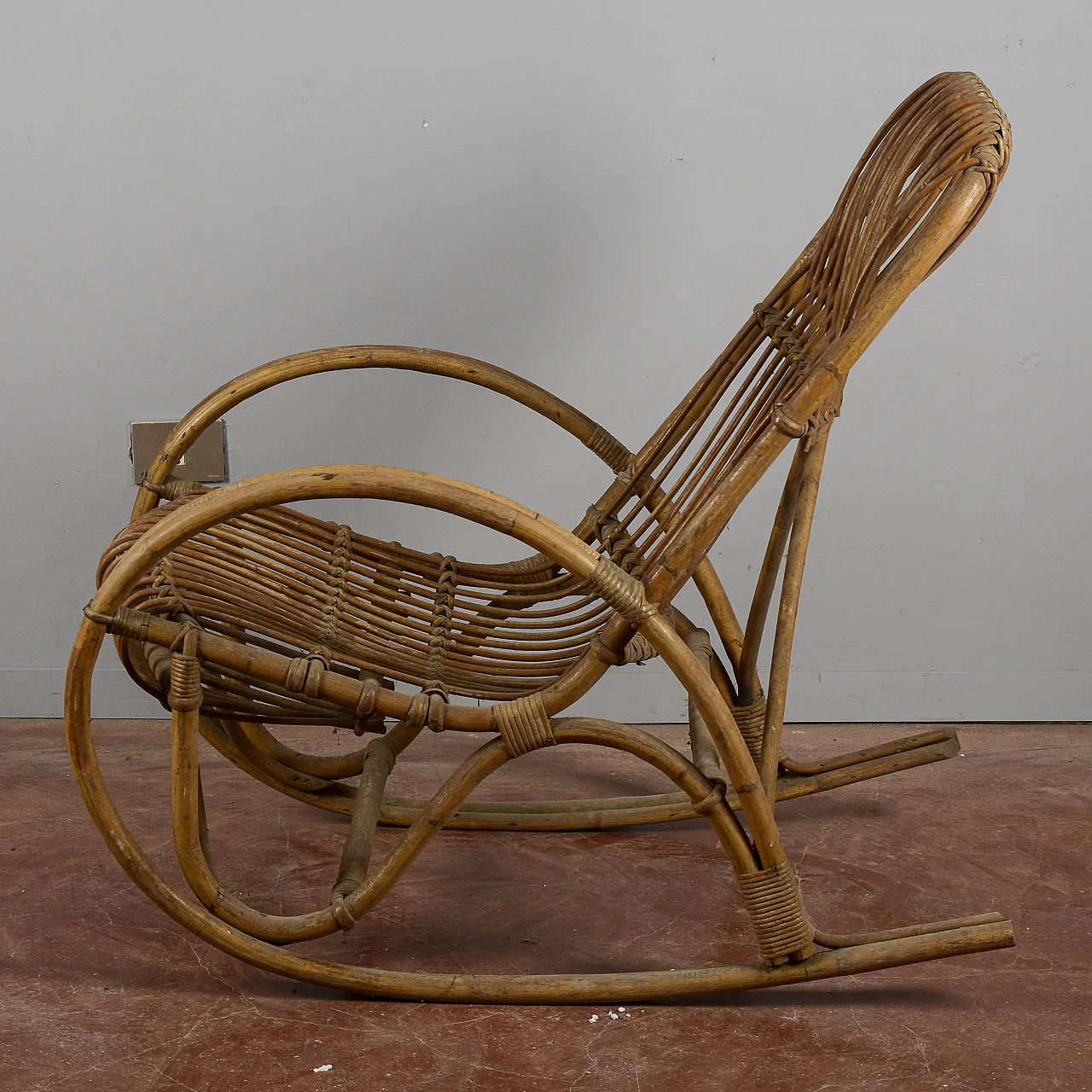 Sedia a dondolo in bambu e rattan, anni '60 6