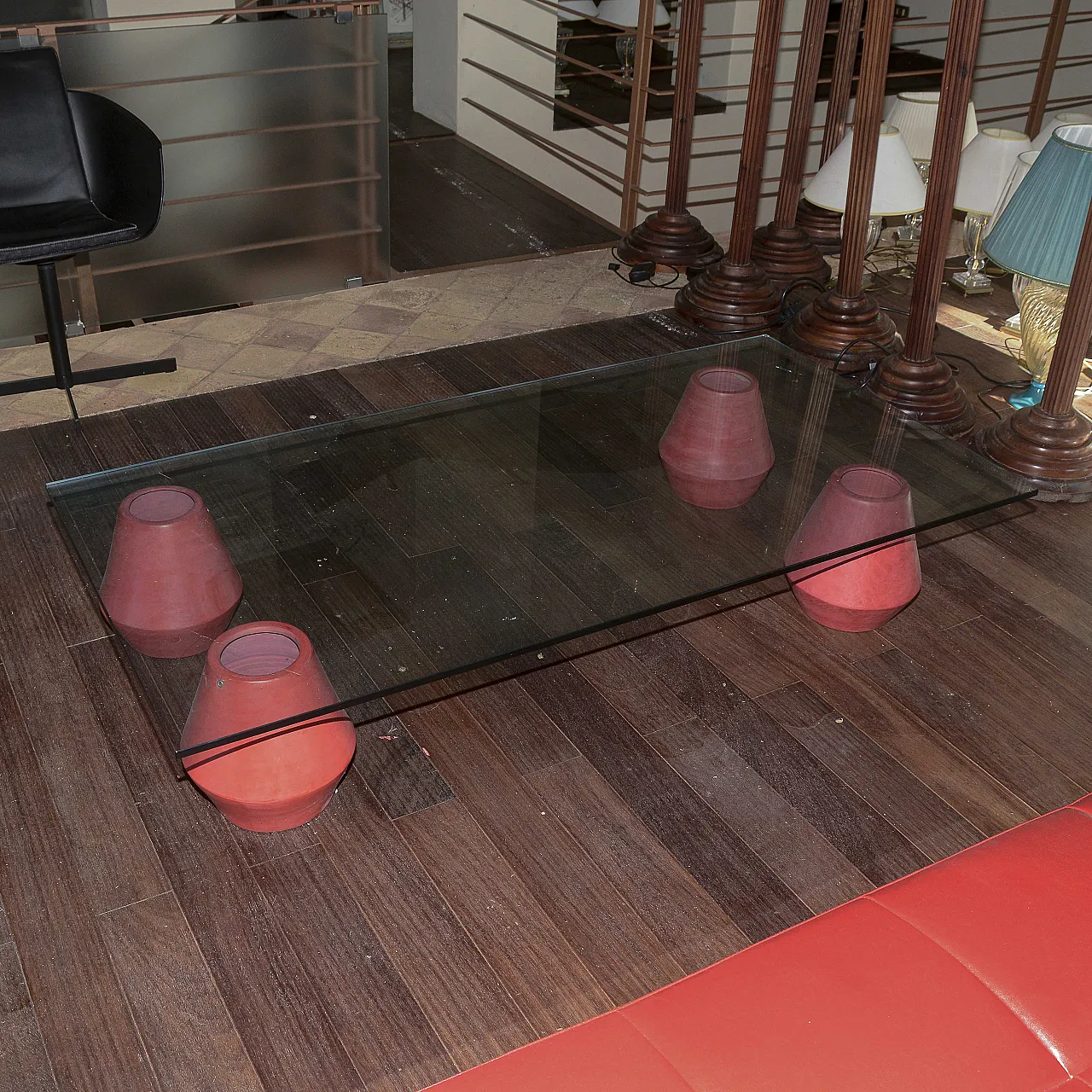 Coffee table in glass with ceramic vases as basis, 20th century 5
