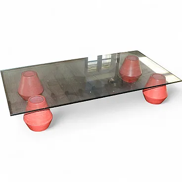 Coffee table in glass with ceramic vases as basis, 20th century