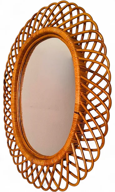 Specchio da parete ovale in vimini e bambù, anni '60