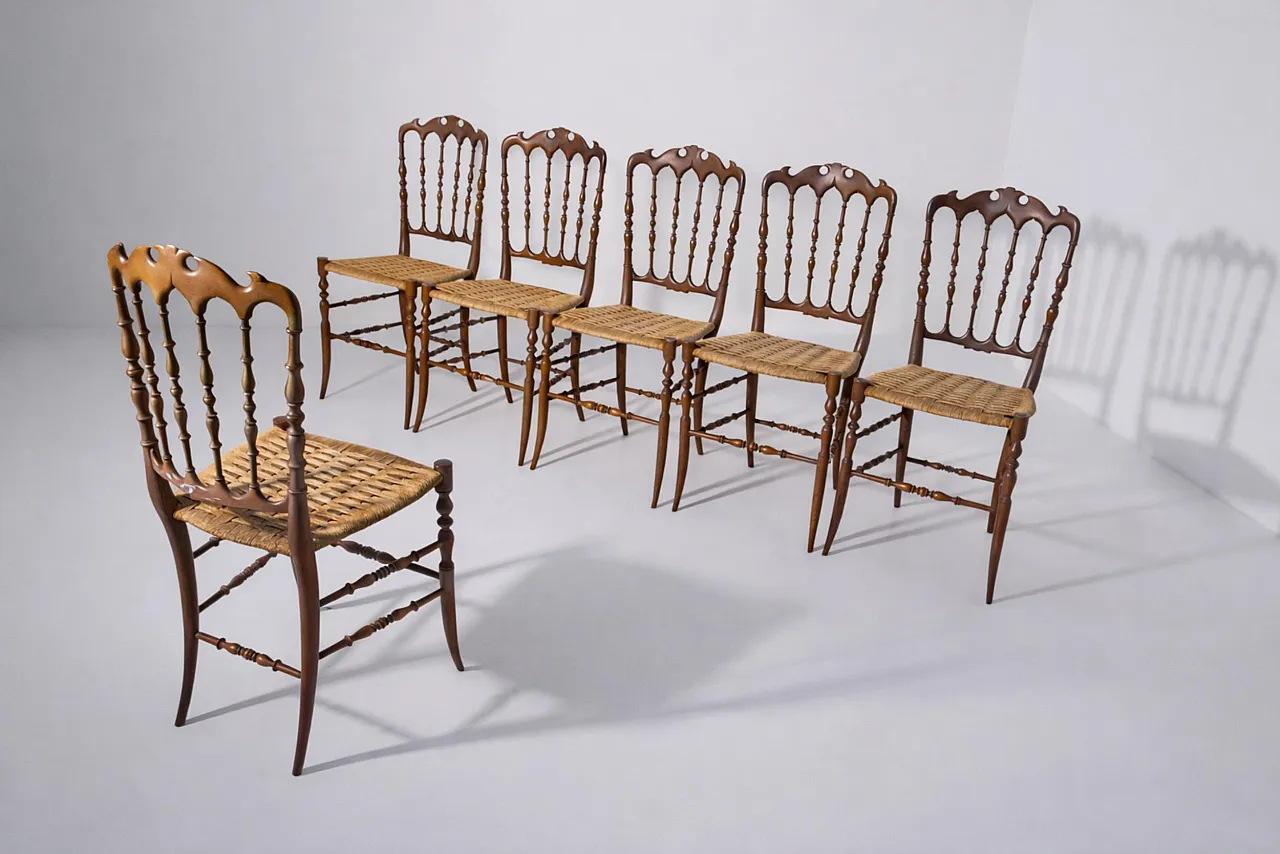 6 Chiavarine Chairs, Umbertine model with rope, mid-20th century 4