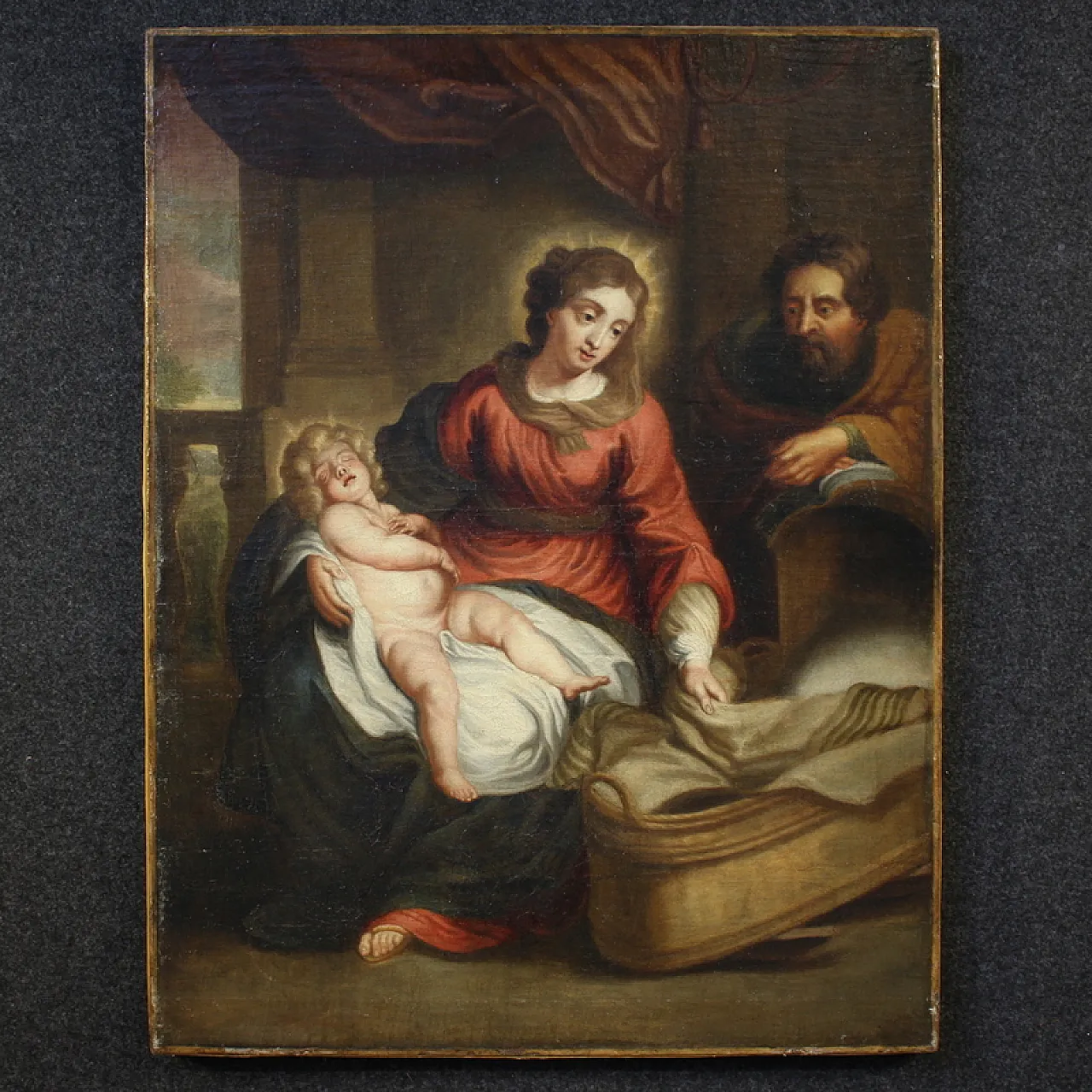 Flemish painting with Holy Family, oil o canvas, 18th century 1