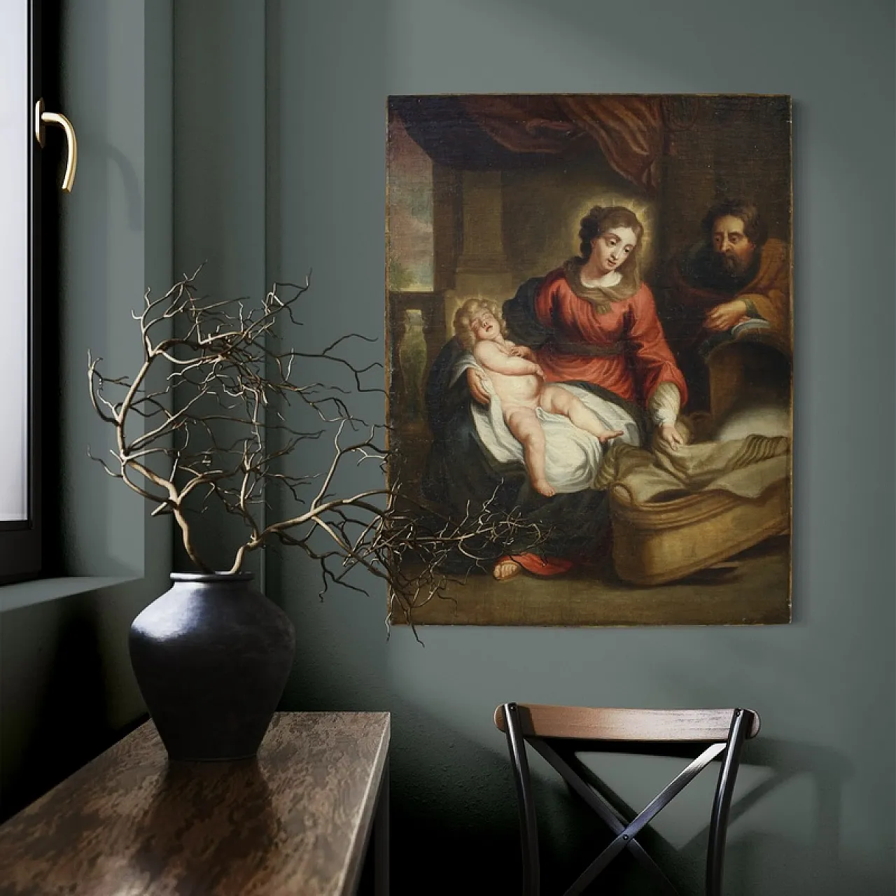 Flemish painting with Holy Family, oil o canvas, 18th century 5