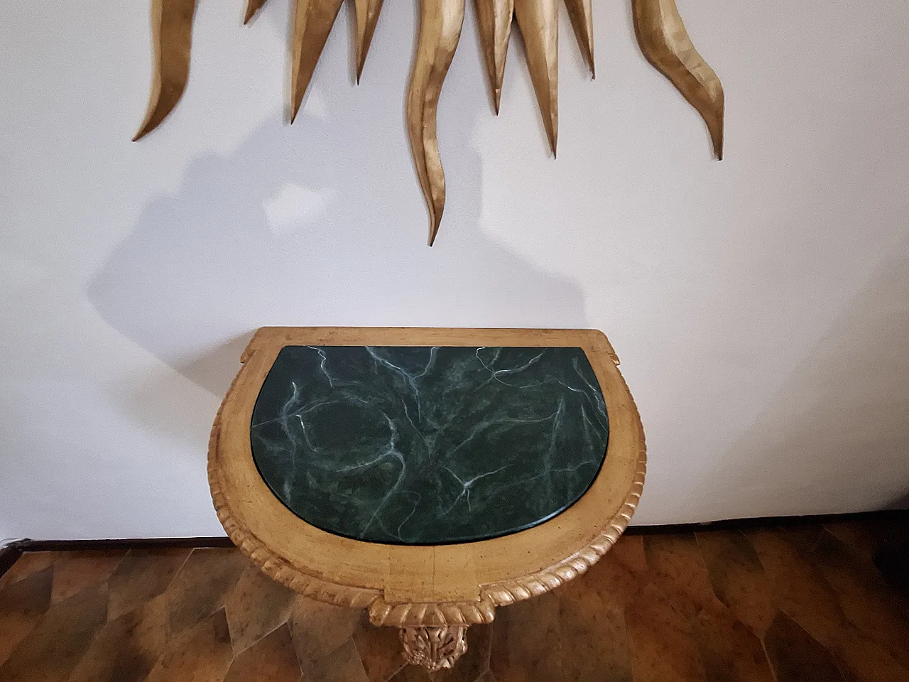 Console table carved wood with gilded leaf and faux marble top, 20th c 1