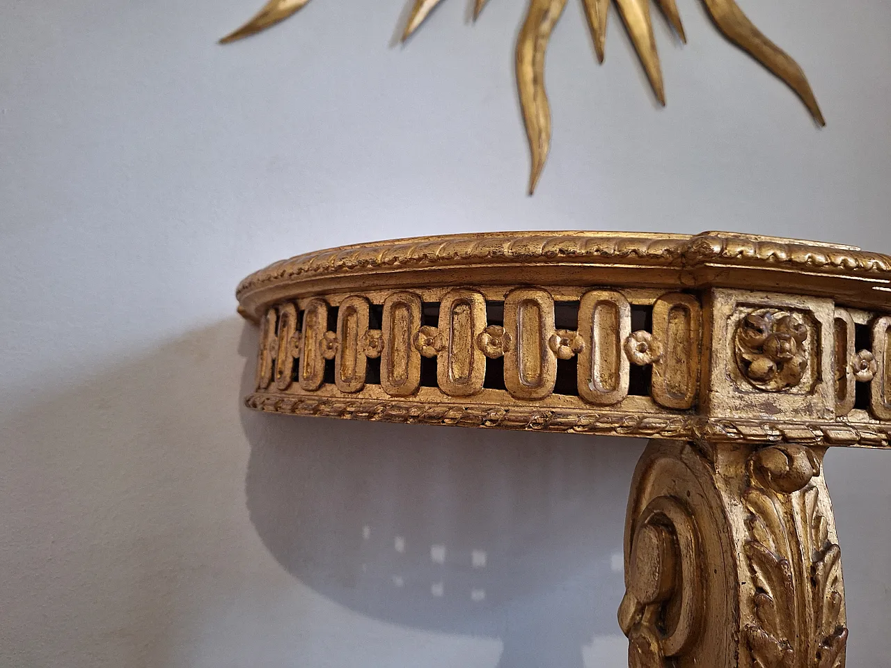 Console table carved wood with gilded leaf and faux marble top, 20th c 2